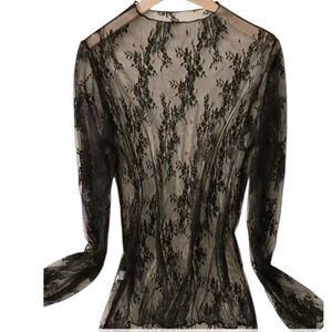 Black Color High Neck Sheer Lace/Mesh Embroidered Long Sleeve